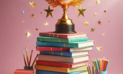 Beeld van een trofee op een stapel kinderboeken, ter gelegenheid van de christelijke kinderboekenprijzen 2025. © Bing