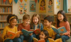 Illustratie van lezende kinderen in een klaslokaal met de poster 'Kinderboekenweek'. © Bing